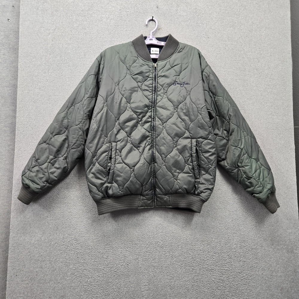 Sean John Men Jacket L Green Nylon Embroidered Bomber Quilted Reversible Y2K